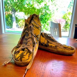 Rare Golden Goose Francy with yellow canvas and palm detail.